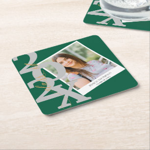 Green Cute Class of 2026 Photo Graduation Party Square Paper Coaster
