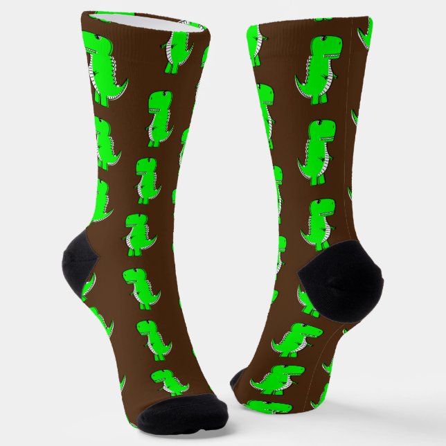 Green Cute Dino Brown Socks (Angled)