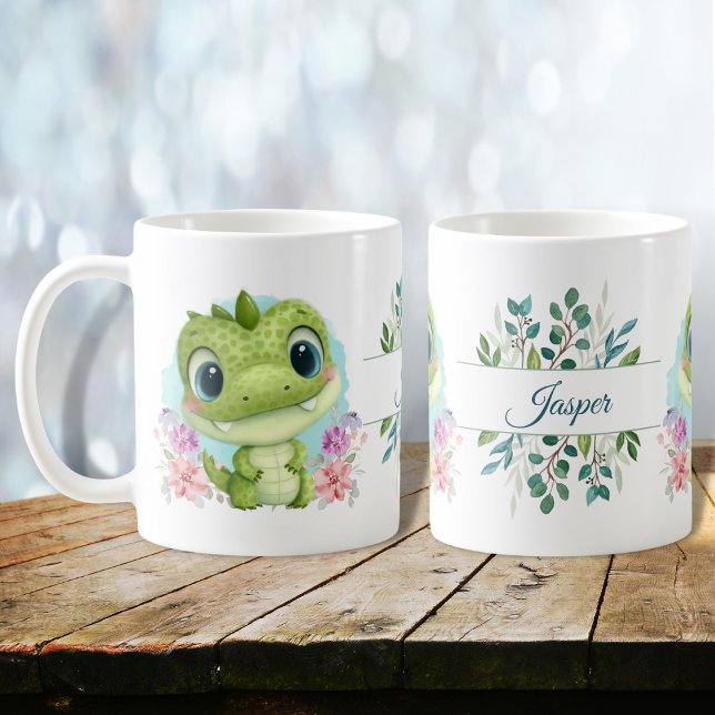 Green Cute Dinosaur Floral Themed Personalised  Coffee Mug (Creator Uploaded)