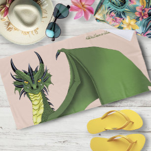 Green Cute Dragon Portrait Peach Fantasy Beach Towel