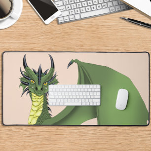 Green Cute Dragon Portrait Peach Fantasy Desk Mat