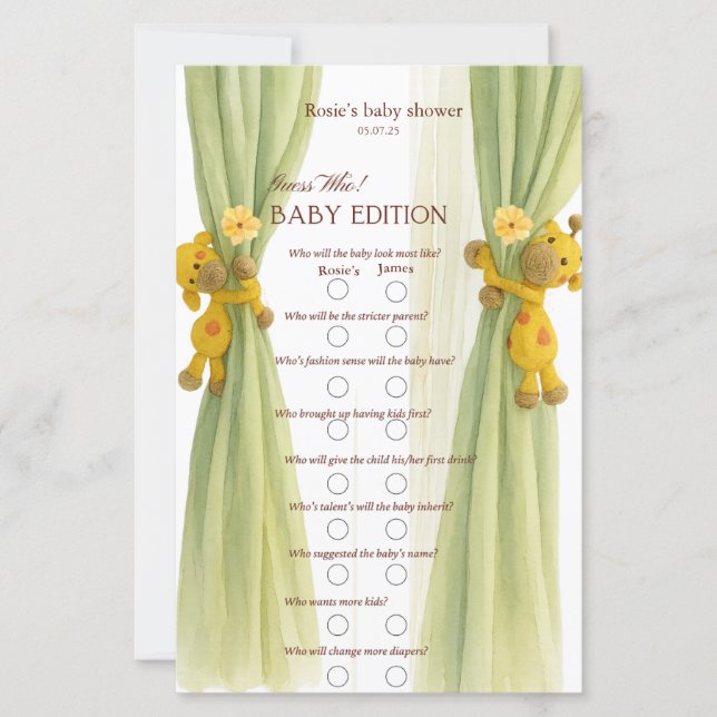 Green cute giraffe watercolor baby shower game  (Front)