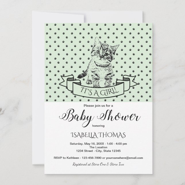 Green Cute Kitten Baby Shower Invitation (Front)