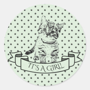 Green Cute Kitten Cat  Baby Shower Classic Round Sticker