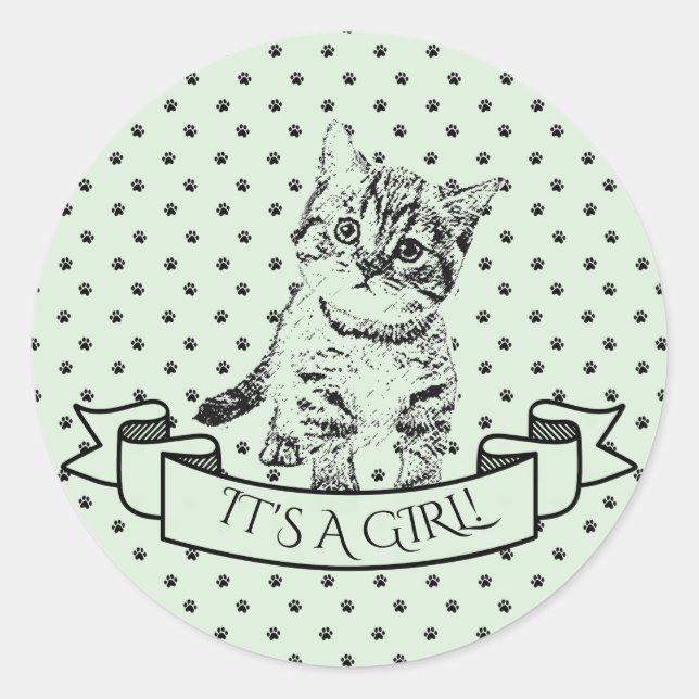 Green Cute Kitten Cat  Baby Shower Classic Round Sticker (Front)