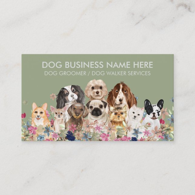 Green Cute Pet Grooming Dog Walker Business Card (Front)