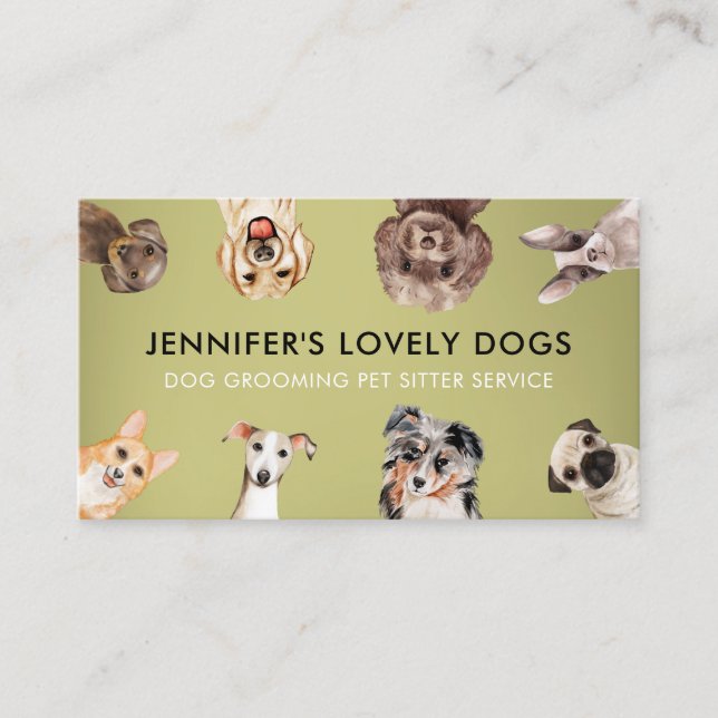 Green Cute Small Size Dogs Pet Sitter Business Card (Front)