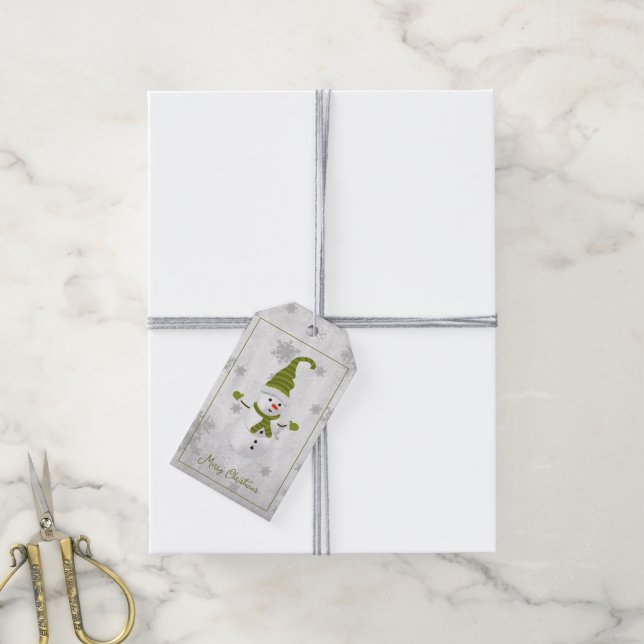 Green Cute Snowman Holiday Gift Tag (With Twine)