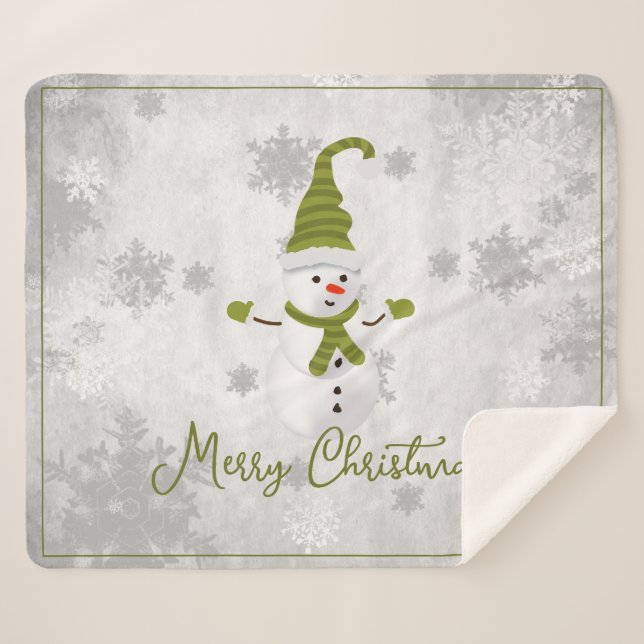Green Cute Snowman Holiday Sherpa Blanket (Front (Horizontal))