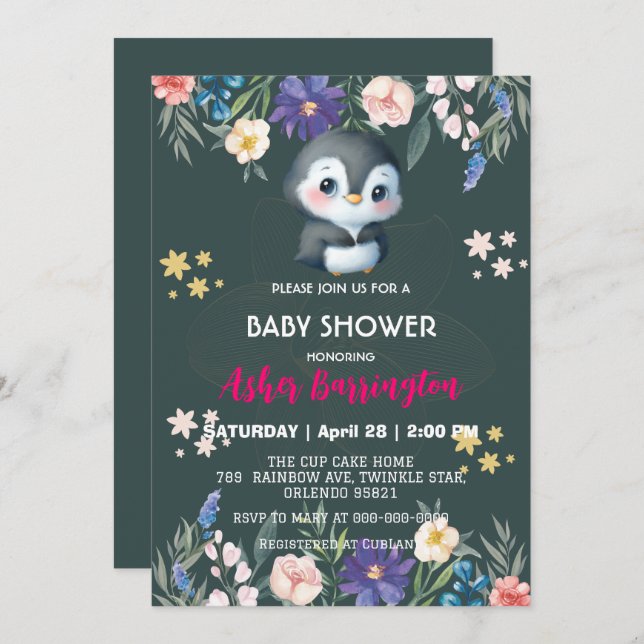 Green Cute sweet penguin flower baby shower kids Invitation (Front/Back)