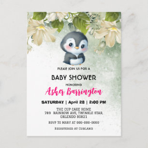 Green Cute sweet penguin flower baby shower kids Postcard