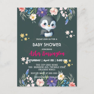 Green Cute sweet penguin flower baby shower kids Postcard