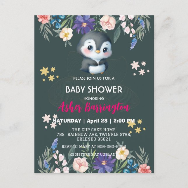 Green Cute sweet penguin flower baby shower kids Postcard (Front)