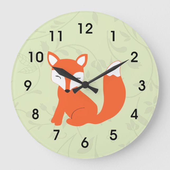 Green Cute Woodland Baby Fox Large Clock (Front)