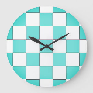 Green Cyan Chessboard  Large Clock