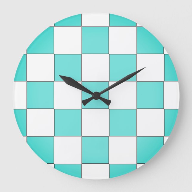Green Cyan Chessboard  Large Clock (Front)