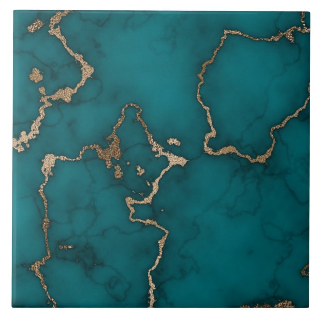 Green Cyan  Gold Marble Abstract Tile (Front)