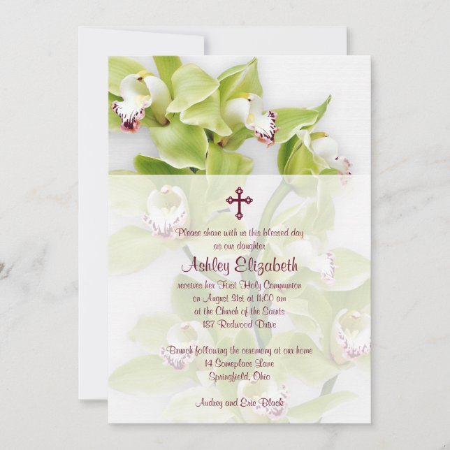 Green Cymbidium Orchid First Communion Invitation (Front)