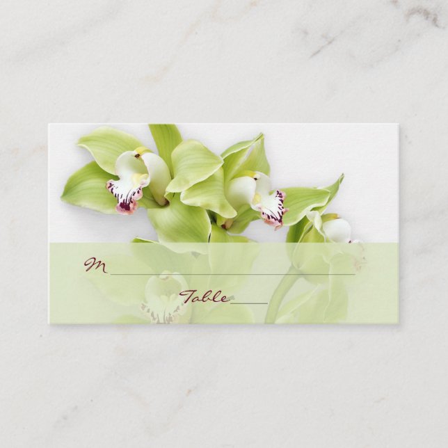 Green Cymbidium Orchid Floral Wedding Place Cards (Front)