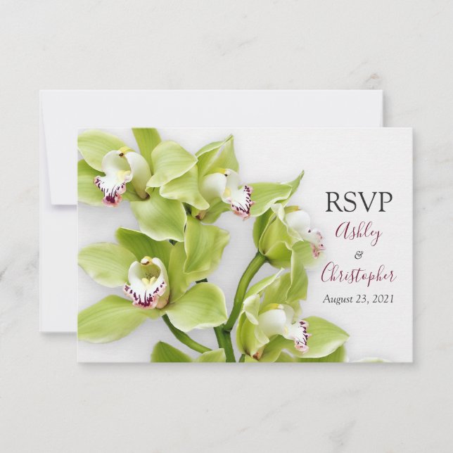 Green Cymbidium Orchid Wedding Reply RSVP Card (Front)