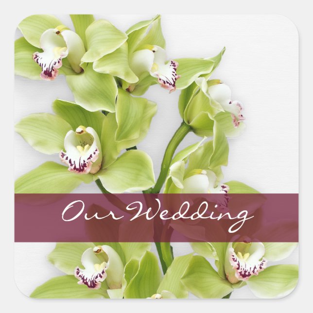 Green Cymbidium Orchid Wedding Square Stickers (Front)