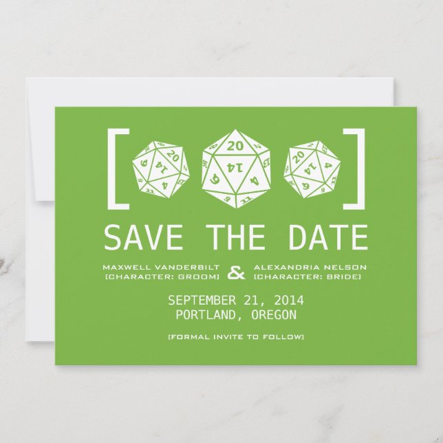 Green D20 Dice Gamer Save the Date Invite (Front)