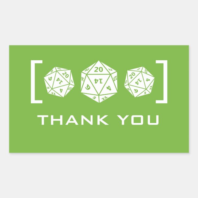 Green D20 Dice Gamer Thank You Stickers (Front)