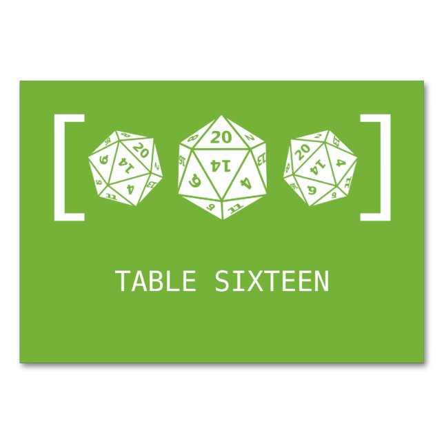 Green D20 Dice Gamer Wedding Table Card (Front)