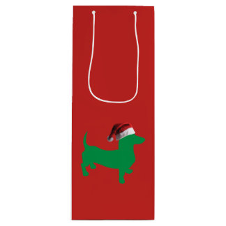 Green Dachshund wearing a Santa Claus Hat Wine Gift Bag