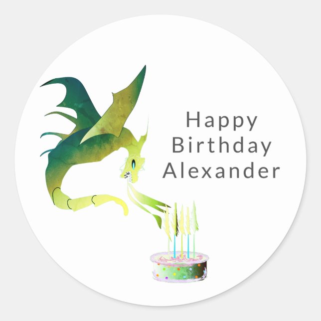 Green dagon birthday candles pink cake custom classic round sticker (Front)