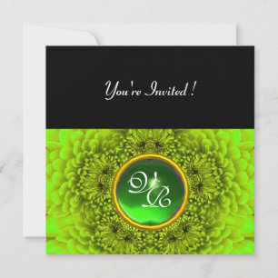 GREEN DAHLIA,EMERALD,Bright Green ,Black Party Invitation