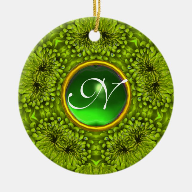 GREEN DAHLIA EMERALD MONOGRAM CERAMIC TREE DECORATION (Front)