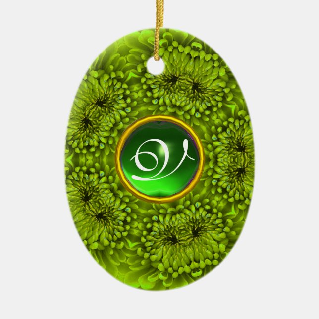 GREEN DAHLIA EMERALD MONOGRAM CERAMIC TREE DECORATION (Front)