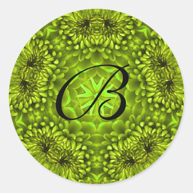 GREEN  DAHLIA FLOWER PETALS MONOGRAM CLASSIC ROUND STICKER (Front)