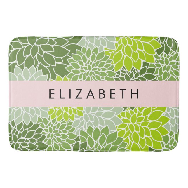 Green Dahlia Flowers, Floral Pattern, Your Name Bath Mat (Front)
