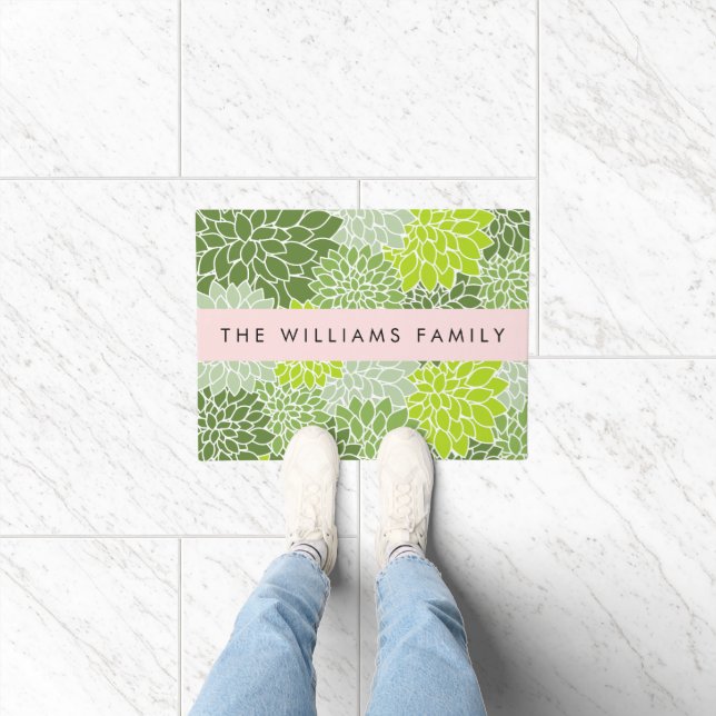 Green Dahlia Flowers, Floral Pattern, Your Name Doormat (Indoor)
