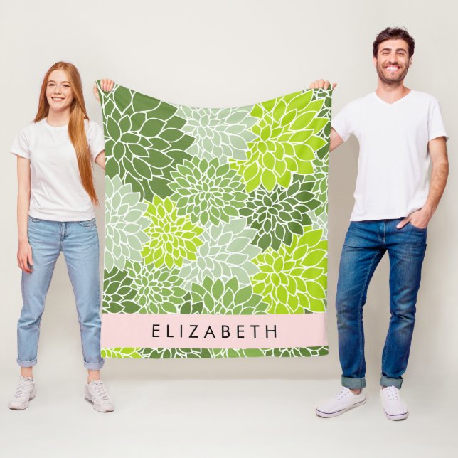 Green Dahlia Flowers, Floral Pattern, Your Name Fleece Blanket (In Situ)