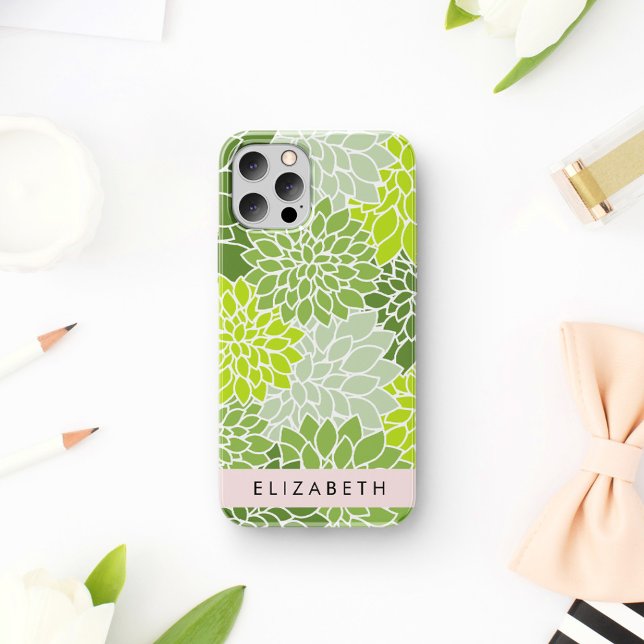 Green Dahlia Flowers, Floral Pattern, Your Name iPhone 16 Case (Creator Uploaded)