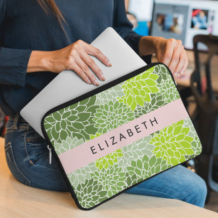 Green Dahlia Flowers, Floral Pattern, Your Name Laptop Sleeve