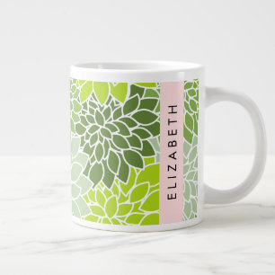 Green Dahlia Flowers, Floral Pattern, Your Name Large Coffee Mug