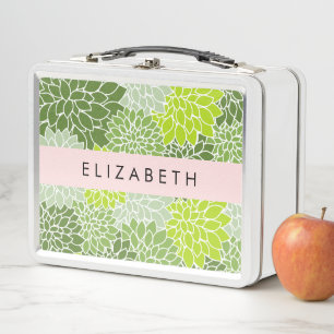 Green Dahlia Flowers, Floral Pattern, Your Name Metal Lunch Box