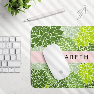 Green Dahlia Flowers, Floral Pattern, Your Name Mouse Mat