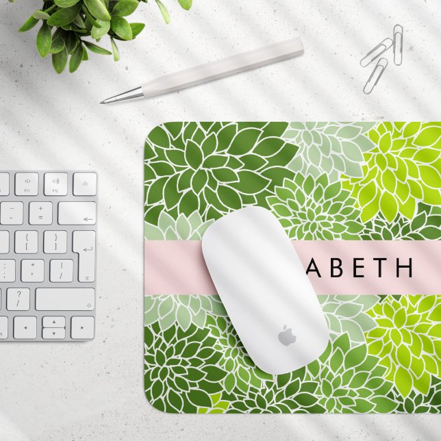 Green Dahlia Flowers, Floral Pattern, Your Name Mouse Mat (Creator Uploaded)