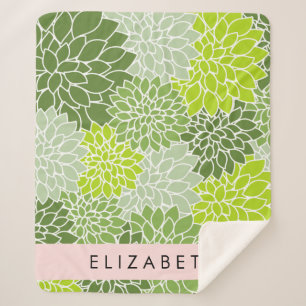 Green Dahlia Flowers, Floral Pattern, Your Name Sherpa Blanket