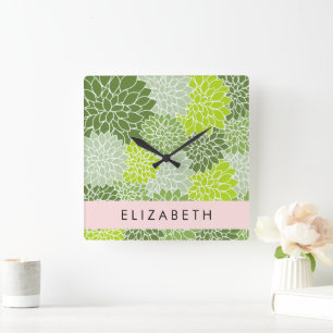 Green Dahlia Flowers, Floral Pattern, Your Name Square Wall Clock