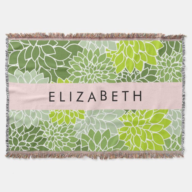 Green Dahlia Flowers, Floral Pattern, Your Name Throw Blanket (Front)