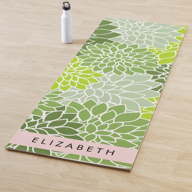 Green Dahlia Flowers, Floral Pattern, Your Name Yoga Mat (In Situ)