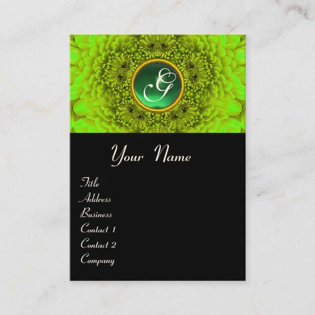 GREEN DAHLIA  MONOGRAM, EMERALD  black yellow Business Card (Front)