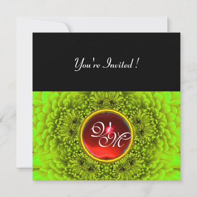 GREEN  DAHLIA, RUBY ,bright green black yellow red Invitation (Front)