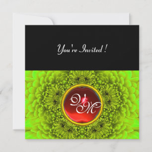 GREEN  DAHLIA, RUBY ,bright green black yellow red Invitation